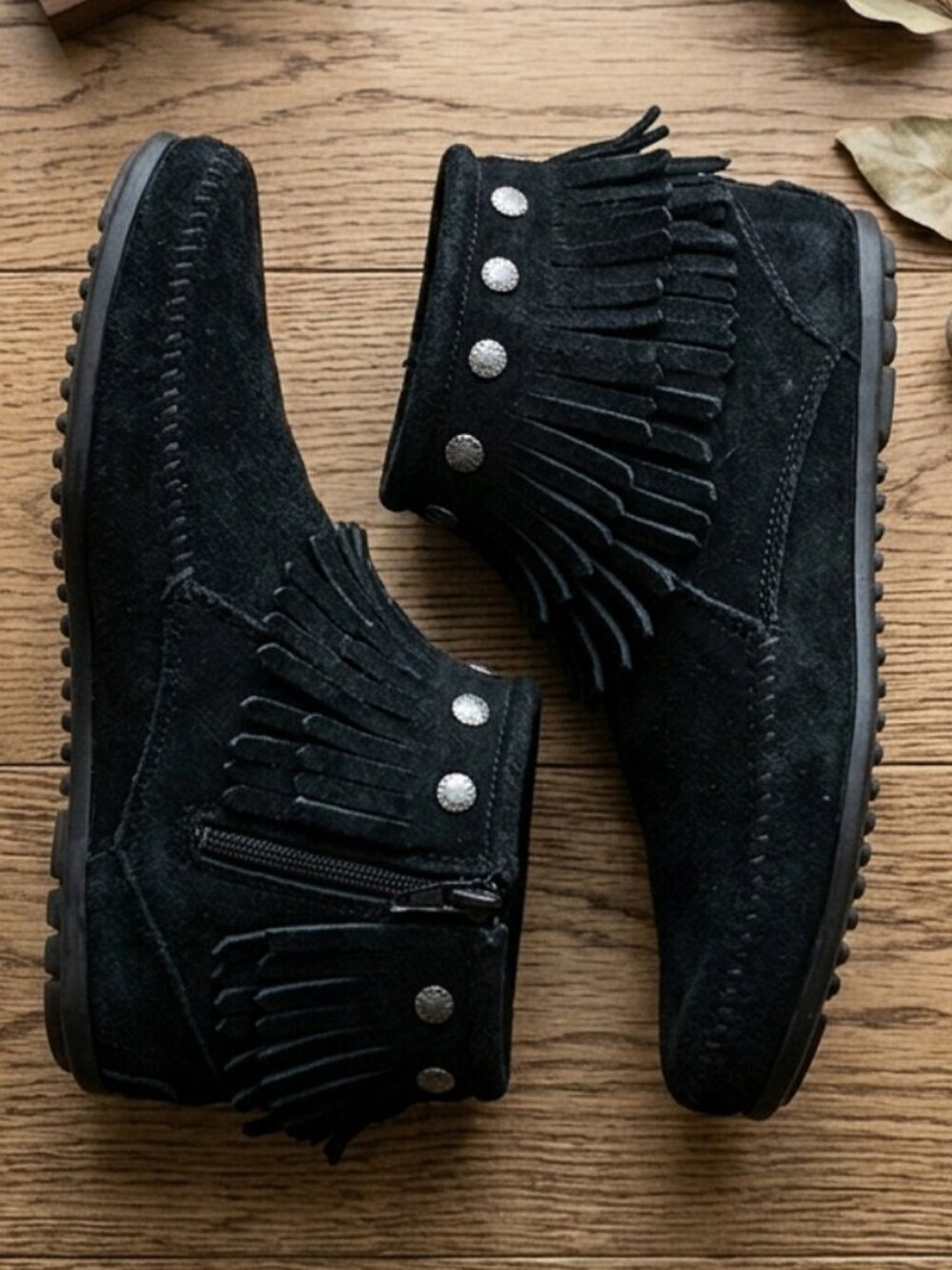 Double Fringe Authentic Minnetonka Suede Coin Ankle Boots